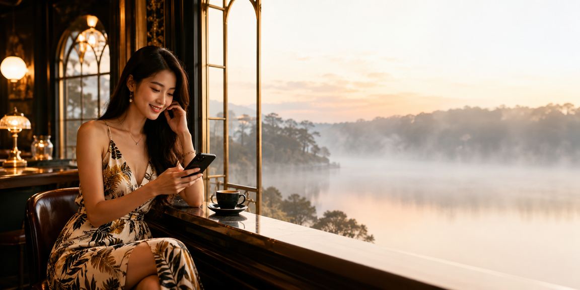 Người chơi sử dụng ứng dụng nh897 trên điện thoại di động tại Đà Lạt trong quán cà phê